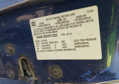 2000 Chevrolet Tahoe Z71 from USA, damaged, VIN 1GNEK13R9YR172252